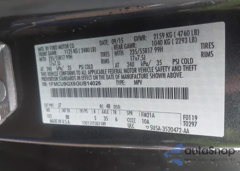 2016 Ford Escape Se z USA, uszkodzony, nr VIN 1FMCU9GX6GUB14026